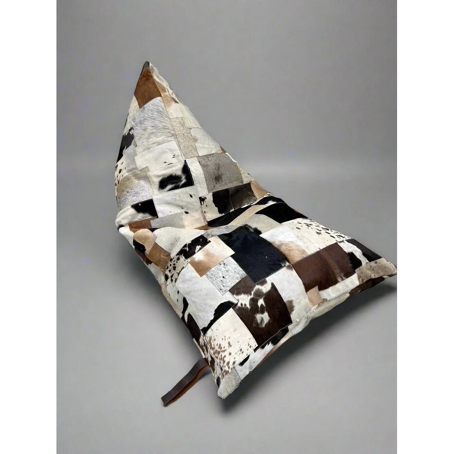 Artisan Cowhide Beanbag Cover – Triangular Patchwork Lounger in Natural Tones - Image 2 of 4