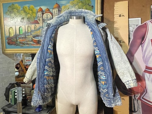 Vintage Herren M Acid Wash Denim Jeansjacke Mantel gesteppt gefüttert Azteken schwer 80er 90er - Bild 10 von 14