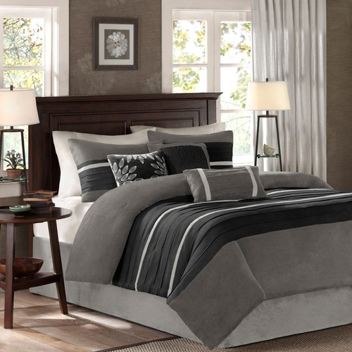 Madison Park 7-Piece Comforter Set Faux Suede Design, Striped Accent, All Season - Picture 3 of 63