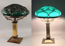 RARE Antique Arts & Crafts Brass Table Lamp & Cased Green Quilted Glass Shade NR