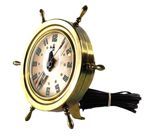 Antike 40er Jahre TELECHRON Messing Schiffsrad elektrische nautische Tischuhr funktioniert