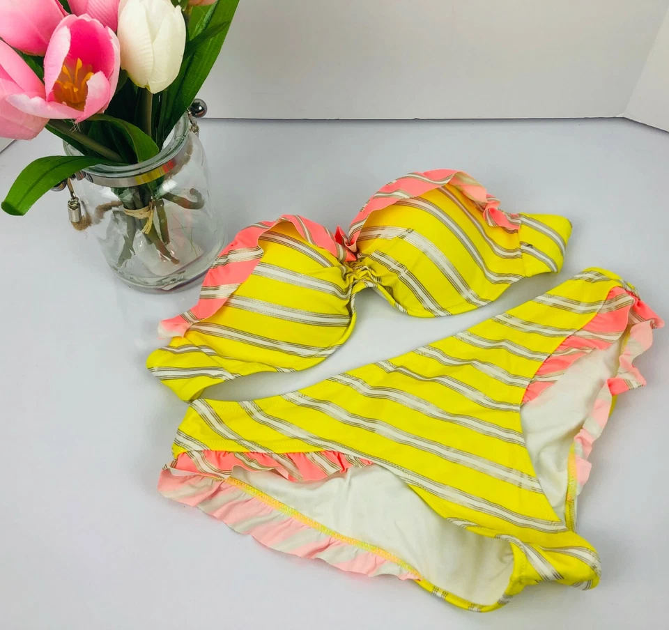 Nuevo con etiquetas Bikini Victoria's Secret Moldeado con Volantes Bandeau Cheeky Hipkini Rayas 32D M Foto 2 de 4