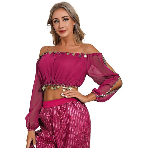 Women's Belly Dance Costume Short Sleeve Crop Top Chiffon Skirt Built-in Briefs - Picture 78 of 113