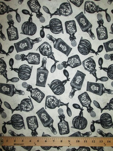 WICKED MAGIC POTIONS SPELLS BOTTLES BLACK WHITE COTTON FABRIC FQ - Picture 5 of 5