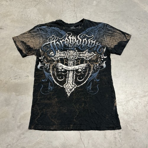 Throwdown by Affliction Premium Graphic T Shirt Men's Medium Cross Wings Grunge - Picture 1 of 9