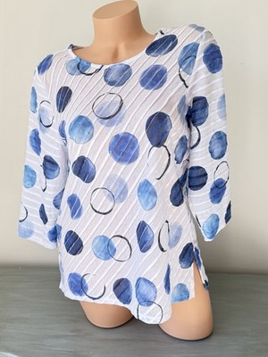 Alfred Dunner Top S Blouse Bayou Blue White Dotted Circle Pintuck Textured
