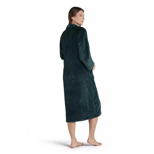 Women's Miss Elaine Essentials French Fleece Long Zip Robe Emerald Green Medium - Picture 2 of 3