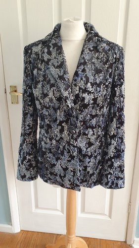 Helene Berman Samt Pailletten Blazer Jacke Gr. 12 Blau Animal Leopard Neu - Bild 1 von 5
