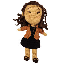 Handmade Crochet Amigurumi Doll 15" Girl Jewelry Coat Brown Hair Blushing