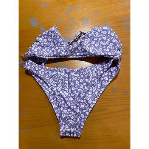 NEW Zaful Floral Bikini Strappy Tie Back Cheeky Swimsuit Lavender Purple Scoop S - Picture 4 of 9