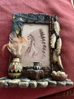 VTG 3D Indian Pottery Feathers Stones Frame Holds frame 9x6 1/2 Inch