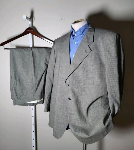 50S Versini 2pc Suit Black White Micro Houndstooth Wool Jacket Pants W 48 X 27