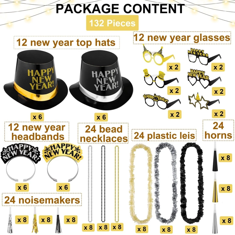 132 Piezas 2026 Suministros de Fiesta de Nochevieja Incluye Gafas Sombreros Top Headba... Foto 2 de 4