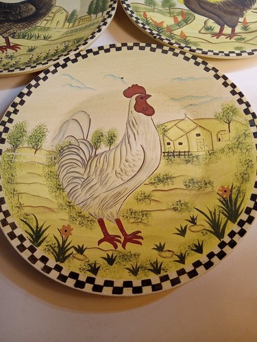 Vintage Set Of 3 Collectible Wood Rooster/Chicken/Farm Plates~ Black/White Rims - Picture 4 of 6