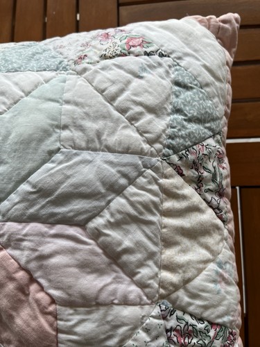 "Almohada acolchada de saco de alimentación floral retazos Starburst rosa melocotón verde cuadrado 17"" de colección" - Imagen 4 de 7