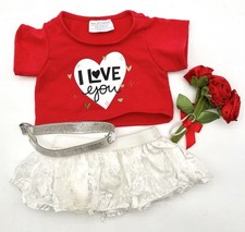 Build-A-Bear Valentine Outfit Red I Love You Shirt White Skirt w/ Roses Belt Set