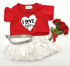 Build-A-Bear Valentine Outfit Red I Love You Shirt White Skirt w/ Roses Belt Set