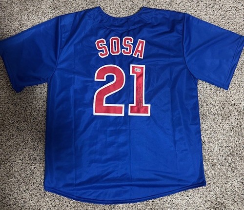SAMMY SOSA SIGNED AUTO CHICAGO CUBS BLUE JERSEY BECKETT BAS AUTOGRAPHED E