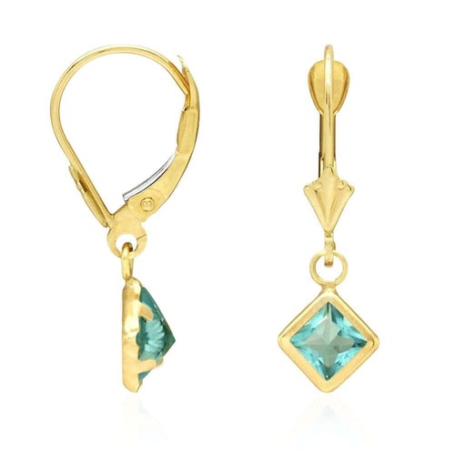 14k Yellow Gold Bezel Princess-Cut Birthstone Drop Leverback Earrings - Picture 27 of 36