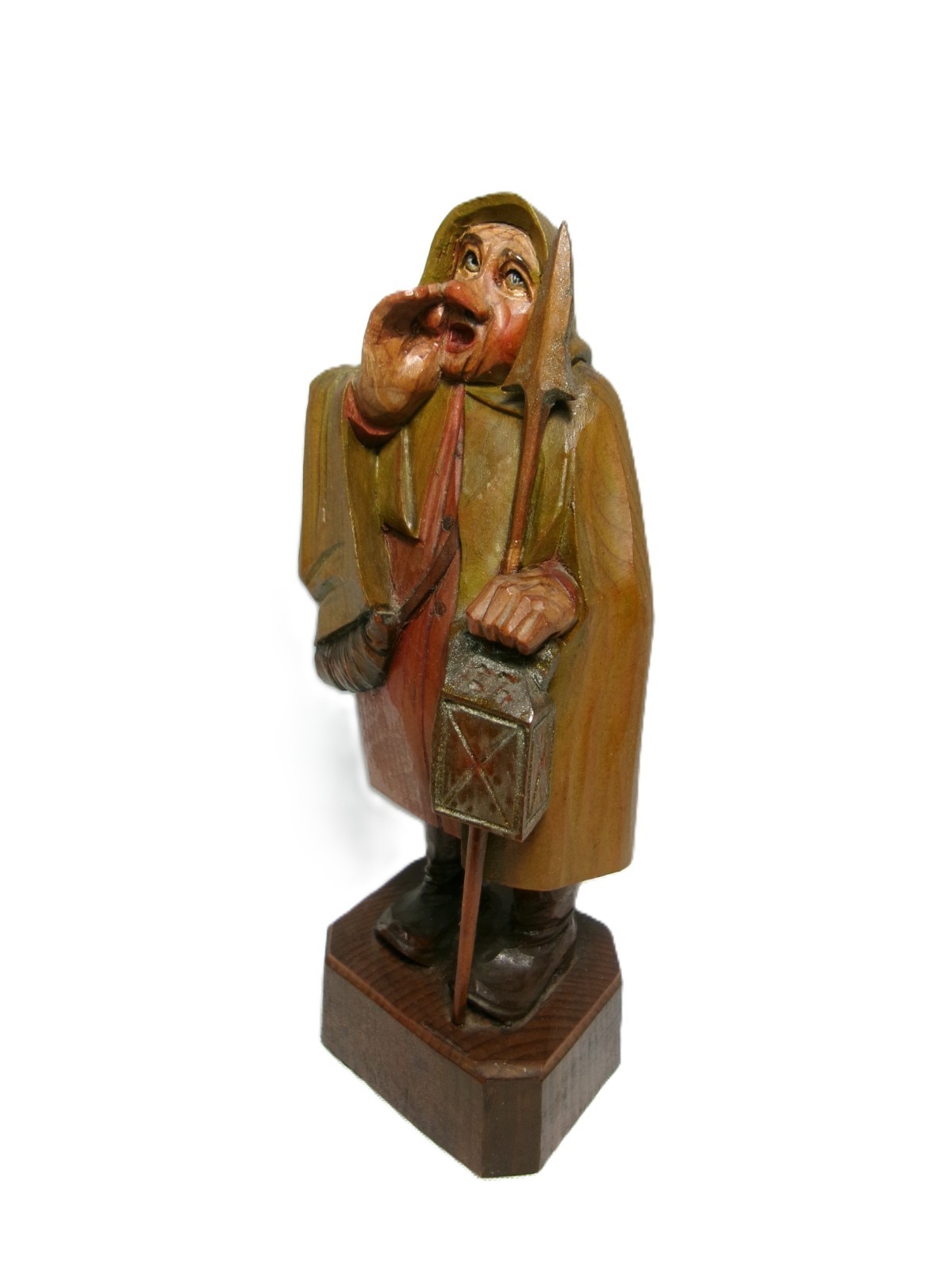 Large 7” Vintage Italian Hand Carved Folk Art Wood Figure, Watchman w/ Lantern