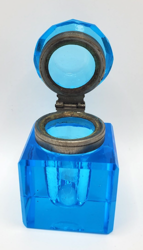 Inkwell Antique Square Sky Blue Faceted Top Crystal Chip Corner last pic - Picture 8 of 13