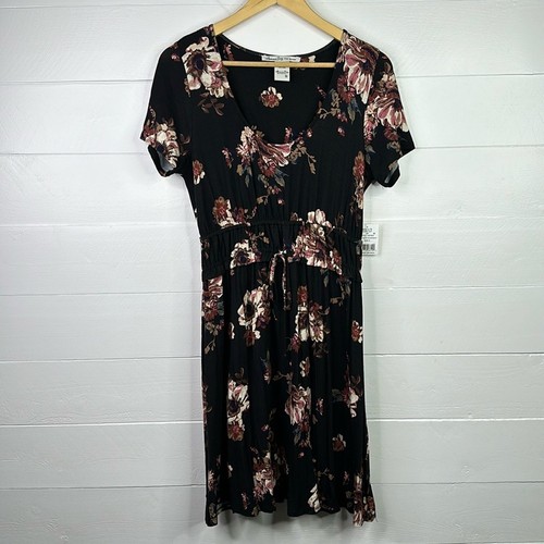 Mini abito AMERICAN STRAG nero rosa floreale manica corta vita impero taglia small - Foto 1 di 10