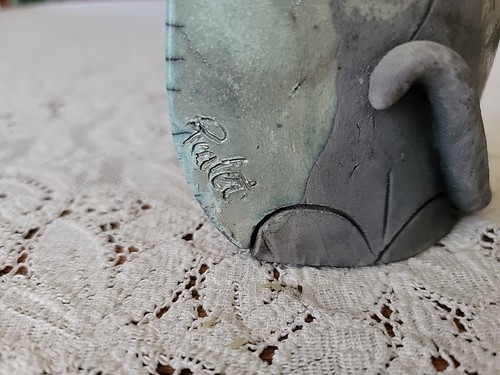 Vintage Joyce Pialet Raku Studio Kunstkeramik Katze türkisblau signiert 8,5"t - Bild 11 von 14