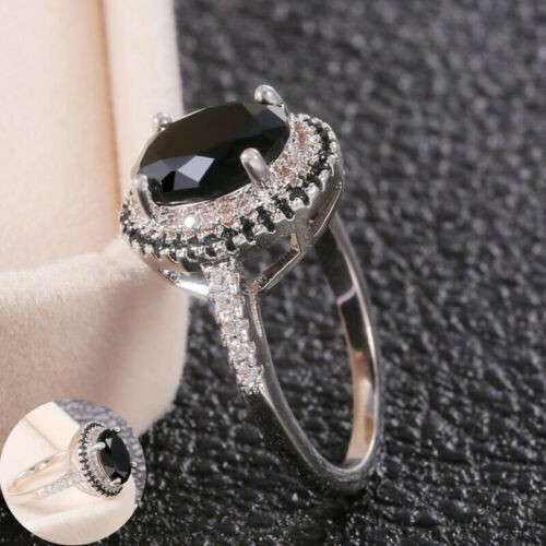 Cut Ring New 44357 Oval Wedding Size Black Silver Fashion Sapphire - Picture 1 of 15