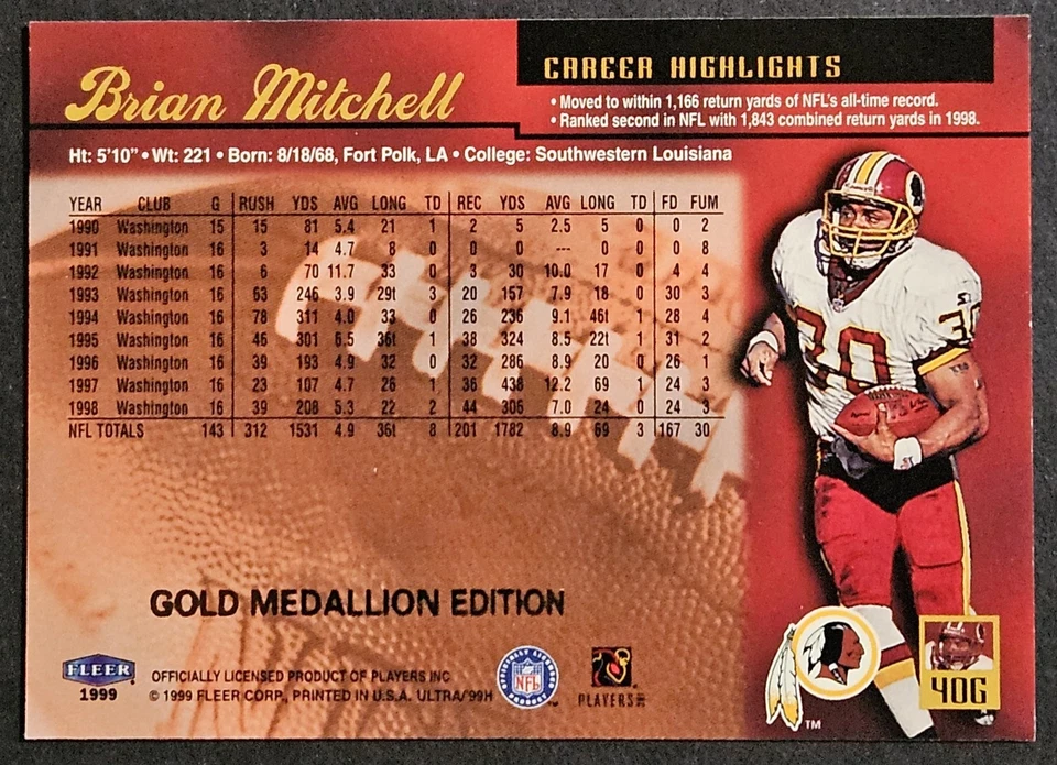 1999 Fleer Ultra Gold Medallion #40G Brian Mitchell Washington Redskins - Image 2 of 2