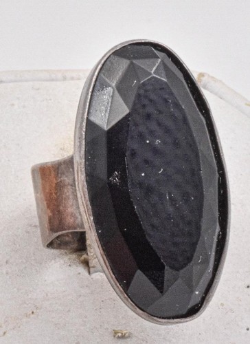 Vintage Sterlingsilber & großer facettierter schwarzer Onyx ethnischer Stil Ring Gr.8,25