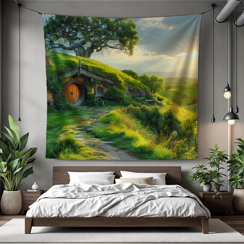 Rustic Hobbit House Greenery Forest Wall Tapestry Hanging, Storybook Cottagec... - Picture 4 of 6