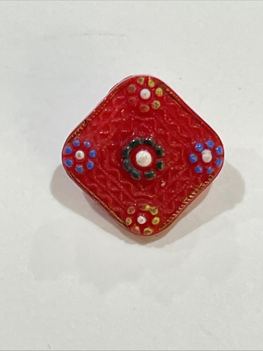 Vintage Glass Red Button Textured Painted Flowers Square 1/2” - Picture 1 of 7