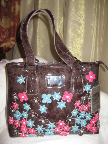 MOVE MODA BROWN MOTTLED PATENT HAND/SHOULDER BAG WITH PINK,TURQ,BROWN STARS - Picture 1 of 3