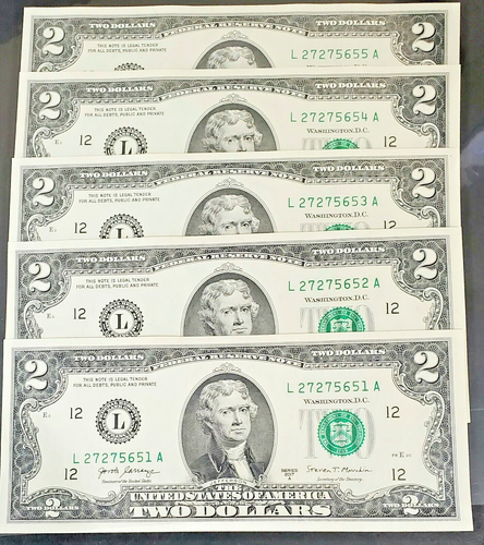 5 Consecutive Serial Number 2 Two Dollar Bills Circulated 2017 - Picture 4 of 4