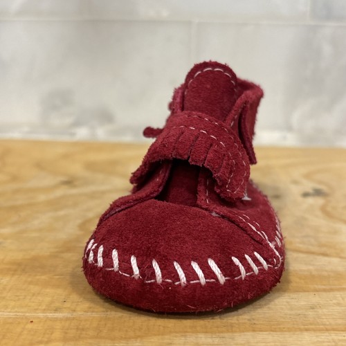 BABY INFANT SIZE 2 MINNETONKA Burgundy SUEDE LEATHER MOCCASIN SHOES Unisex - Picture 8 of 16