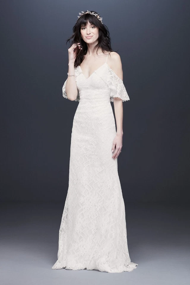 Vestido de novia GALINA blanco roto de encaje con cuello en V hombro frío 14 EE. UU. = XL Foto 3 de 4