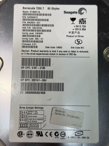 HP 320141-004 ST380011AS 80GB 7.2K RPM FW 8.01 DC 04502 3Gbps HDD ATA 3.5" - Picture 2 of 7