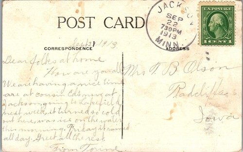 Vintage Postcard Scene on Des Moines River Jackson Minnesota MN Posted 1913 - Picture 2 of 3