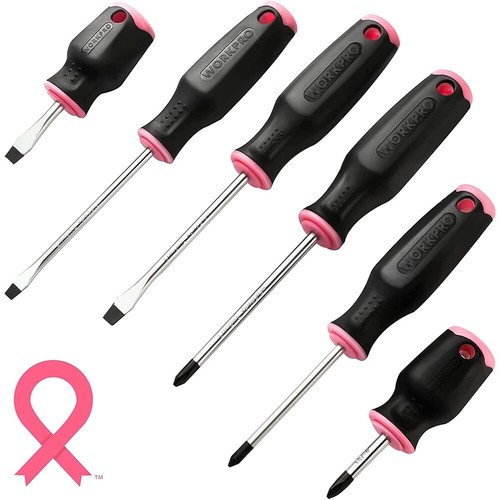 WORKPRO 6-PCS Pink Magnetic Screwdrivers Set 3 Slotted & 3 Phillips Screwdriver