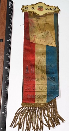 Rare Antique Jr. Order of United American Mechanics Ribbon Damascus MD Pinback! - Bild 6 von 8