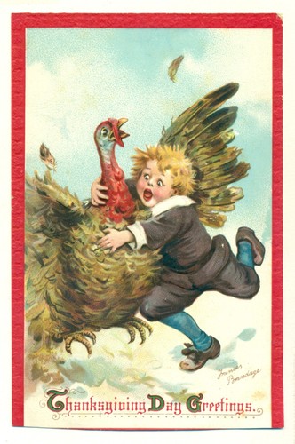 Biglietto d'epoca in rilievo Auguri Giorno del Ringraziamento Ragazzo che trasporta una Turchia SK1. - Foto 1 di 2