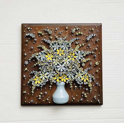 Vintage Baby Blue Yellow Nail Art Square Wood Plaque Unmarked 10” x 10” - Picture 1 of 6