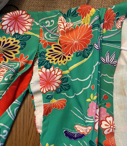 Schöner handgefertigter japanischer Damen-Kimono Vintage Blumen grün Polyester Japan - Bild 20 von 22