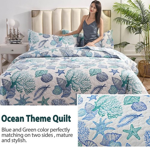Lightweight Twin Quilts Set with Nautical Ocean Creatures - 3-Piece Bedding - Picture 6 of 9