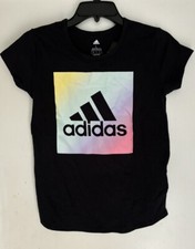 NWT Adidas Girls Black Multi color logo T-shirt regular fit short sleeve L 14 