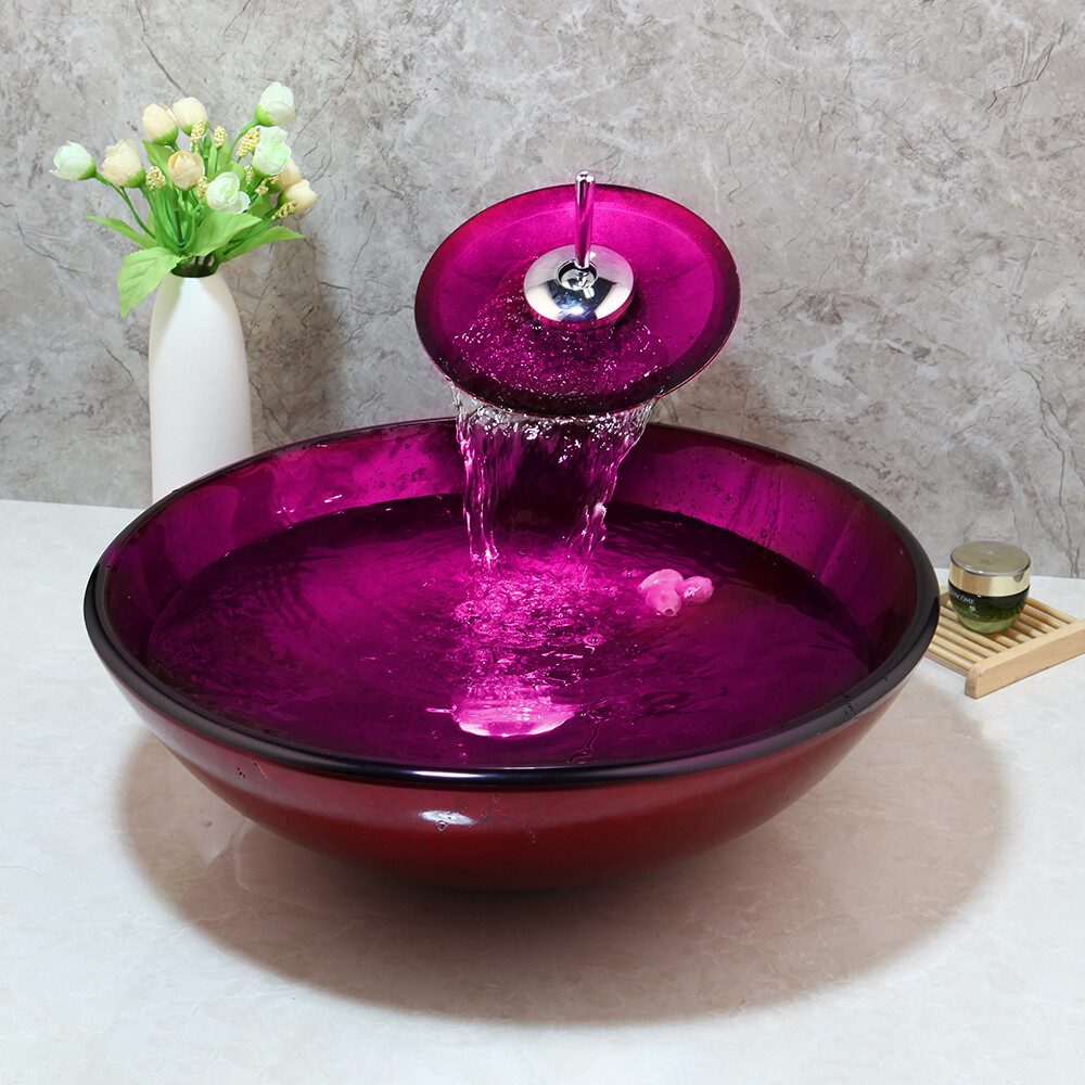 R Bathroom Round Glass Basin Sink Washbasin Faucet Set Counter Top Vessel Drain Speciale prijs voor superwinst