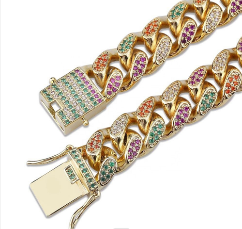 Ice Out 14MM Miami Cuban Link Bracelet 14k Gold Finish Bling Down - Rainbow - Picture 9 of 9