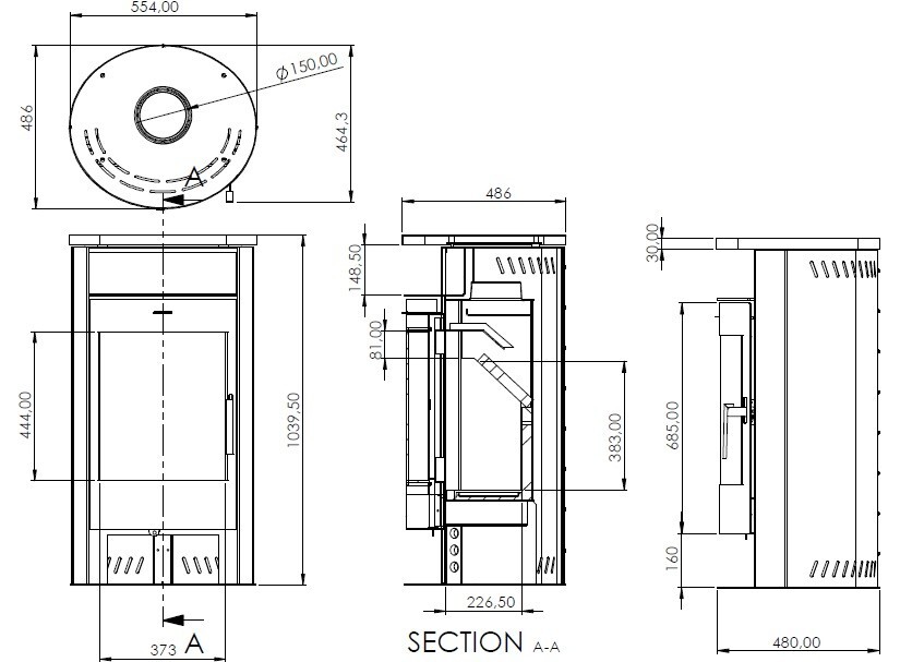 EEK A Runder Premium-Kaminofen TORONTO, anthrazit - 6,3 kW