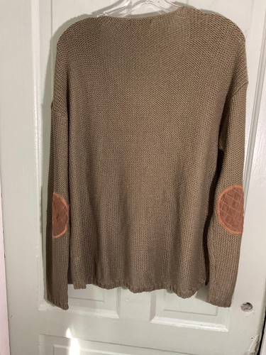RDI Cozy Olive V Neck Green Loose Knit Sweater with Elbow Patches XL - Picture 6 of 10
