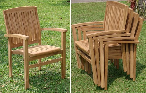 Wave Grade-A Teak 11pc Dining 117" Rectangle Table 10 Stacking Arm Chair Set New - Picture 4 of 5